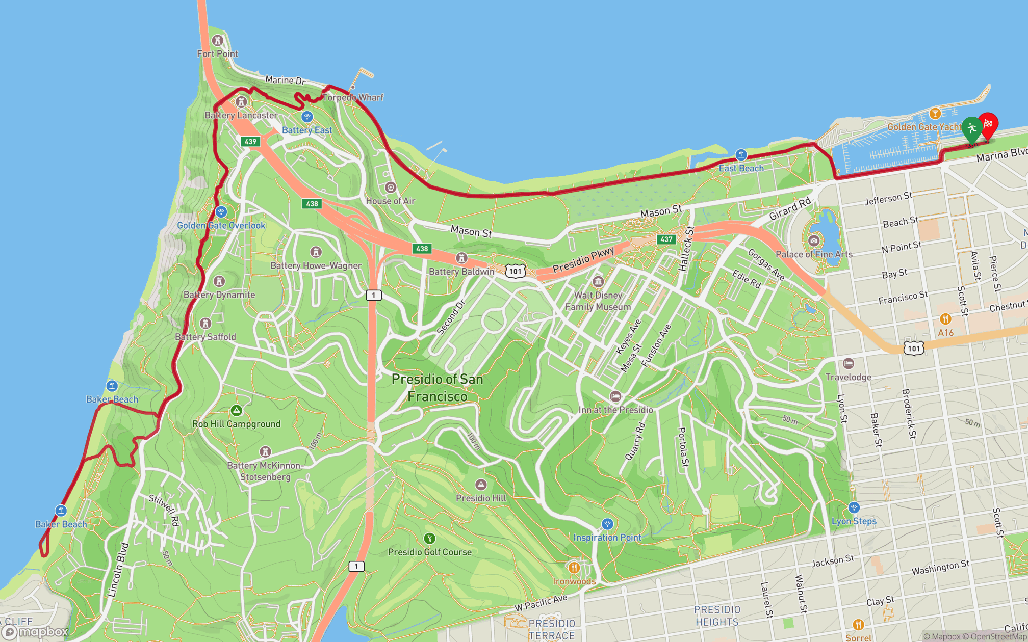 A map of the Presidio of San Francisco showing the running route of the Escape from Alcatraz Triathlon, starting at the Marina Green, and going out to Fort Point, along the coast past Baker Beach, and back through the park.