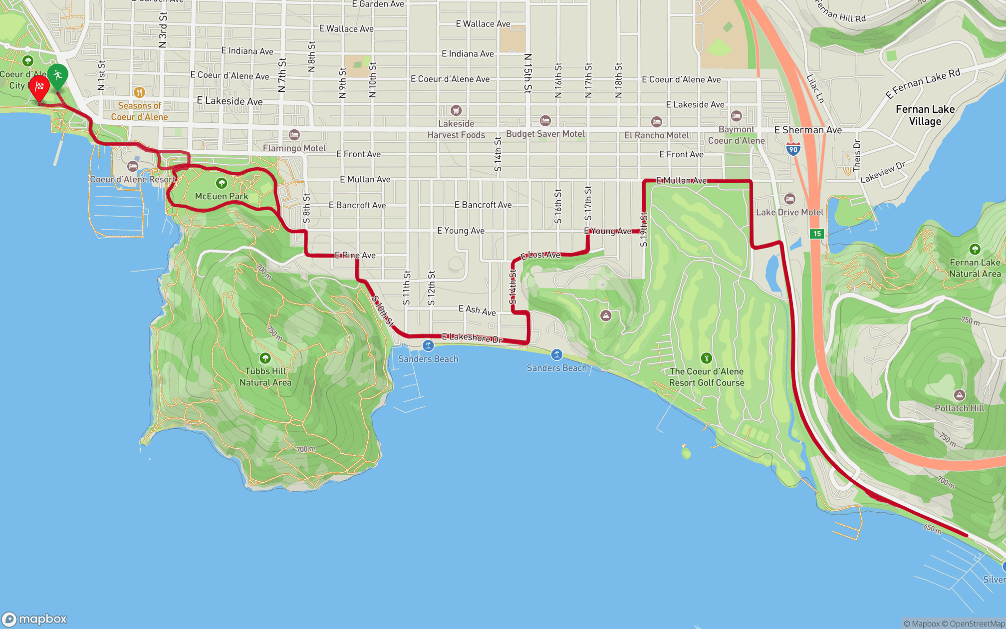 A map of the running route of Ironman 70.3 Coeur d'Alene, going through downtown Coeur d'Alene, passing McEuen Park, Sanders Beach, and the Coeur d'Alene Resort Golf Course.