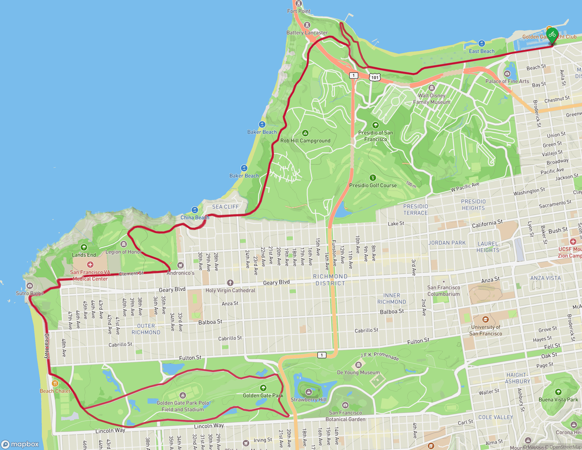 A map of northwestern San Francisco showing the bike route for the Escape from Alcatraz Triathlon, which starts at the Marina Green, goes through the Presidio and along the coast past Baker Beach and Lands End, and loops through Golden Gate Park.