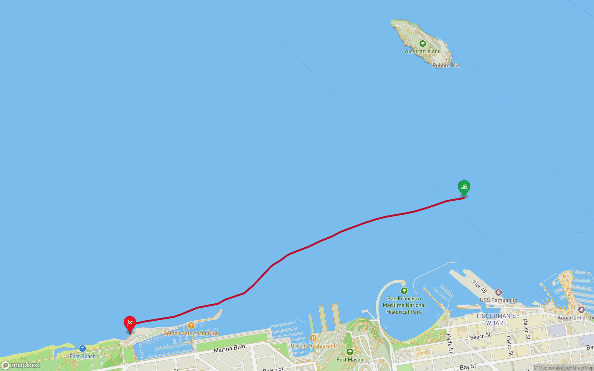 A map of San Francisco Bay showing the route of the swim leg of the Escape from Alcatraz Triathlon, from a starting point south of Alcatraz Island to the finish at the shoreline near the St. Francis Yacht Club.