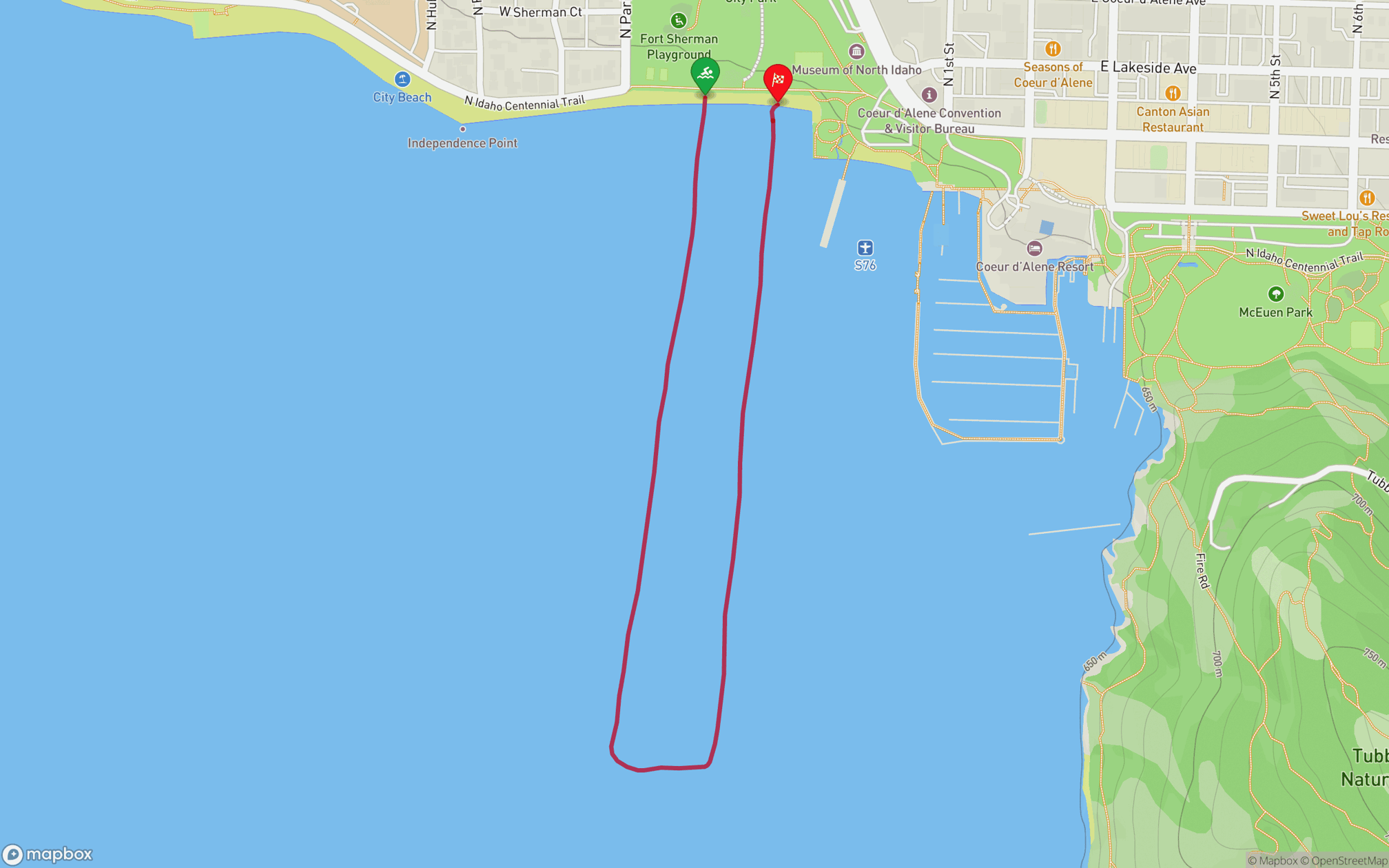 A map showing the swim course of Ironman 70.3 Coeur d'Alene, starting and ending on the north shore of Lake Coeur d'Alene near Coeur d'Alene City Park, extending south into the lake in a rectangular loop.