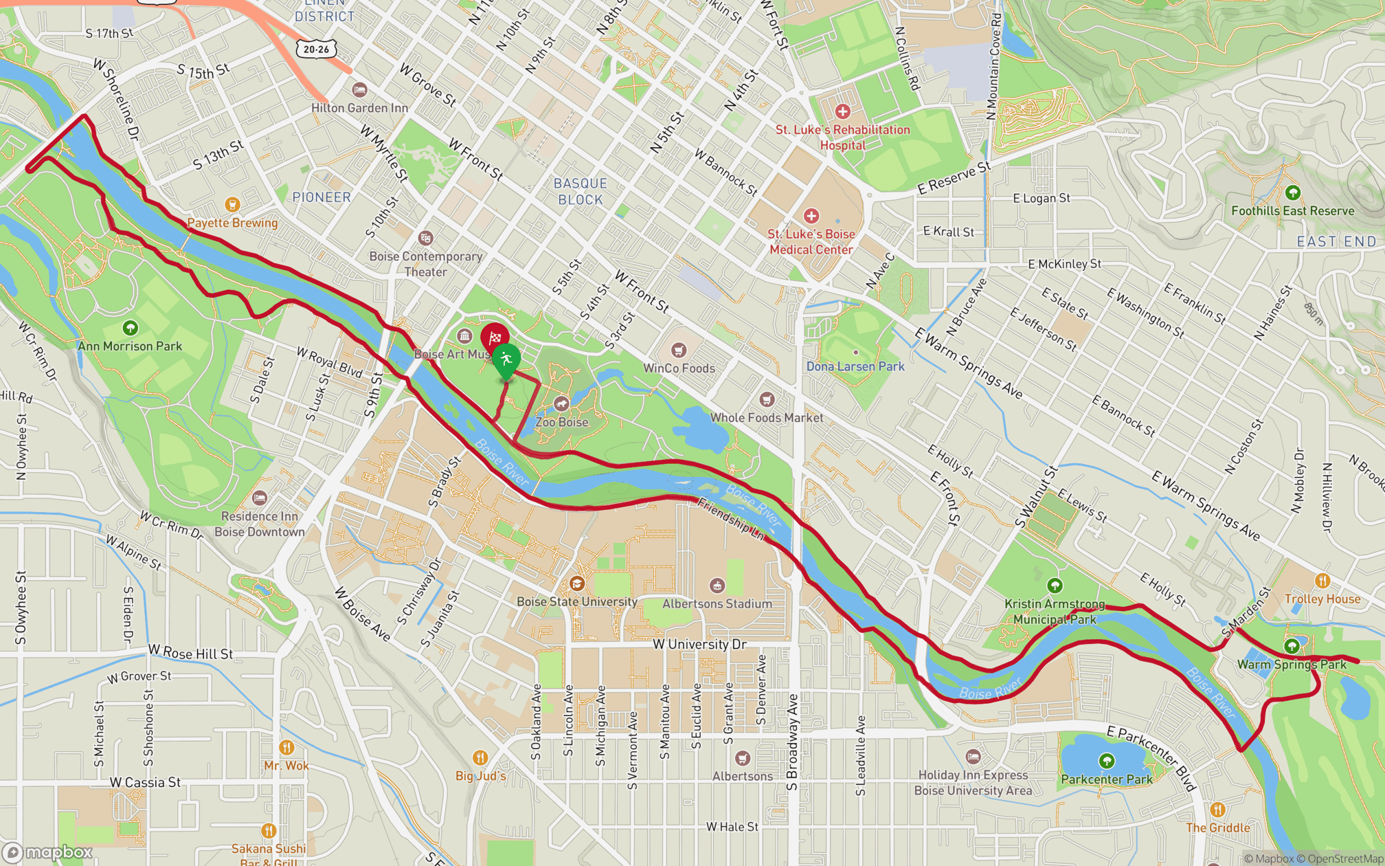 A map showing the route of the run leg of the 2026 Ironman 70.3 Boise.