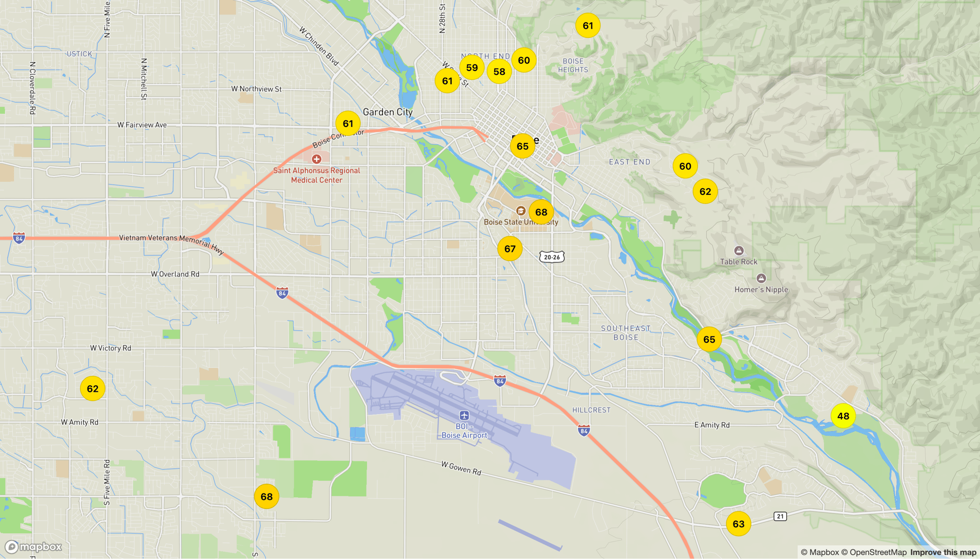 A map of the area around Boise, Idaho, showing the AQI reported by PurpleAir sensors, with values ranging from 59 to 68.