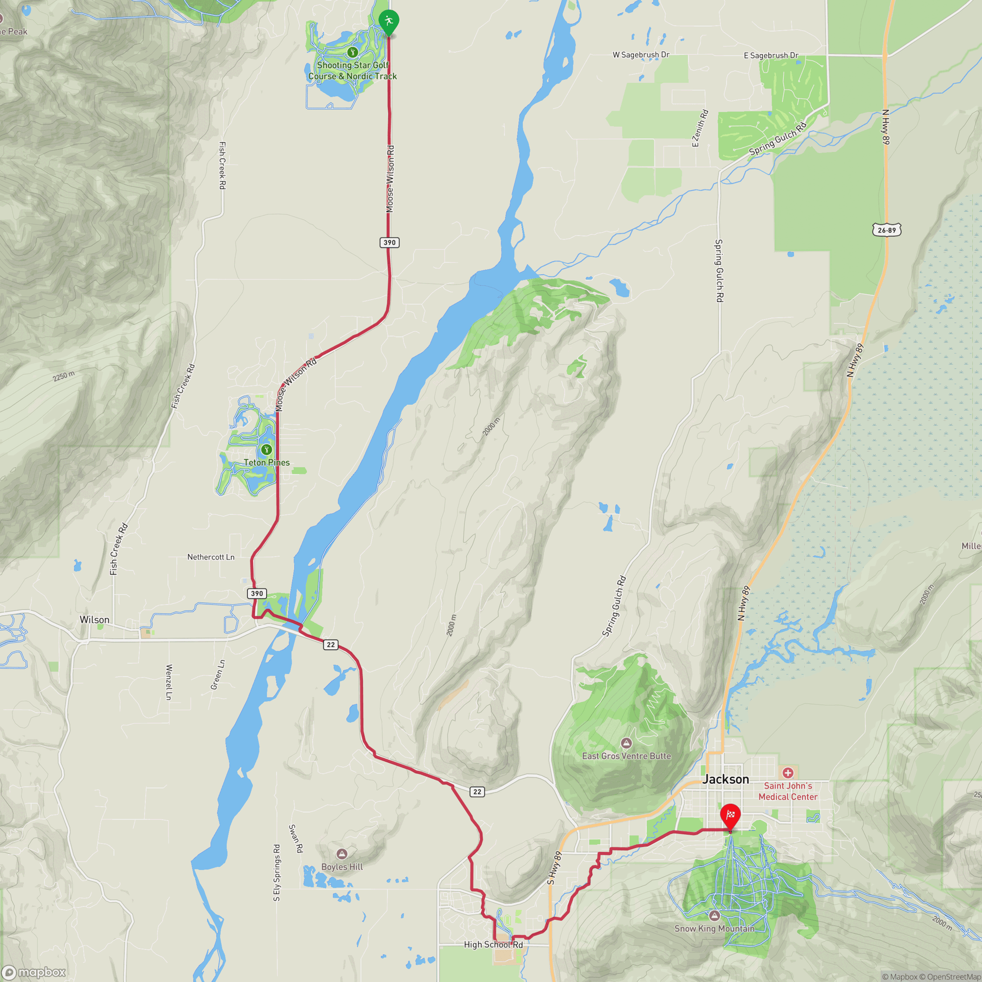 A map showing the route of the 2025 Jackson Hole Half Marathon, starting at the Teton Village, heading south on the Moose-Wilson Road, and ending at Snow King in Jackson, Wyoming.