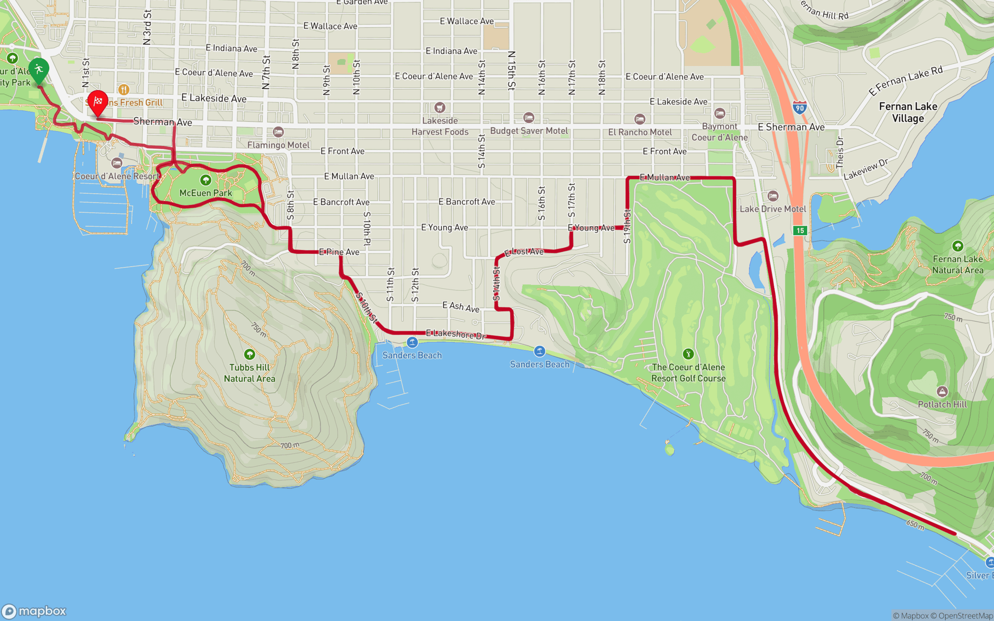 A map of the running route of Ironman 70.3 Coeur d'Alene, going through downtown Coeur d'Alene, passing McEuen Park, Sanders Beach, and the Coeur d'Alene Resort Golf Course.