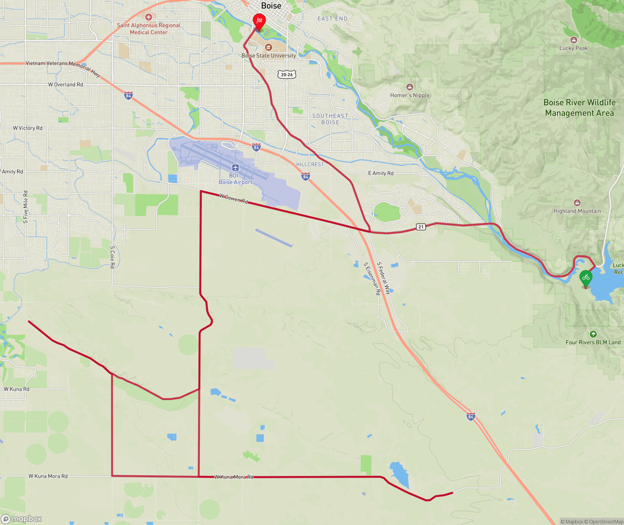 A map showing the route of the bike leg of the 2026 Ironman 70.3 Boise.
