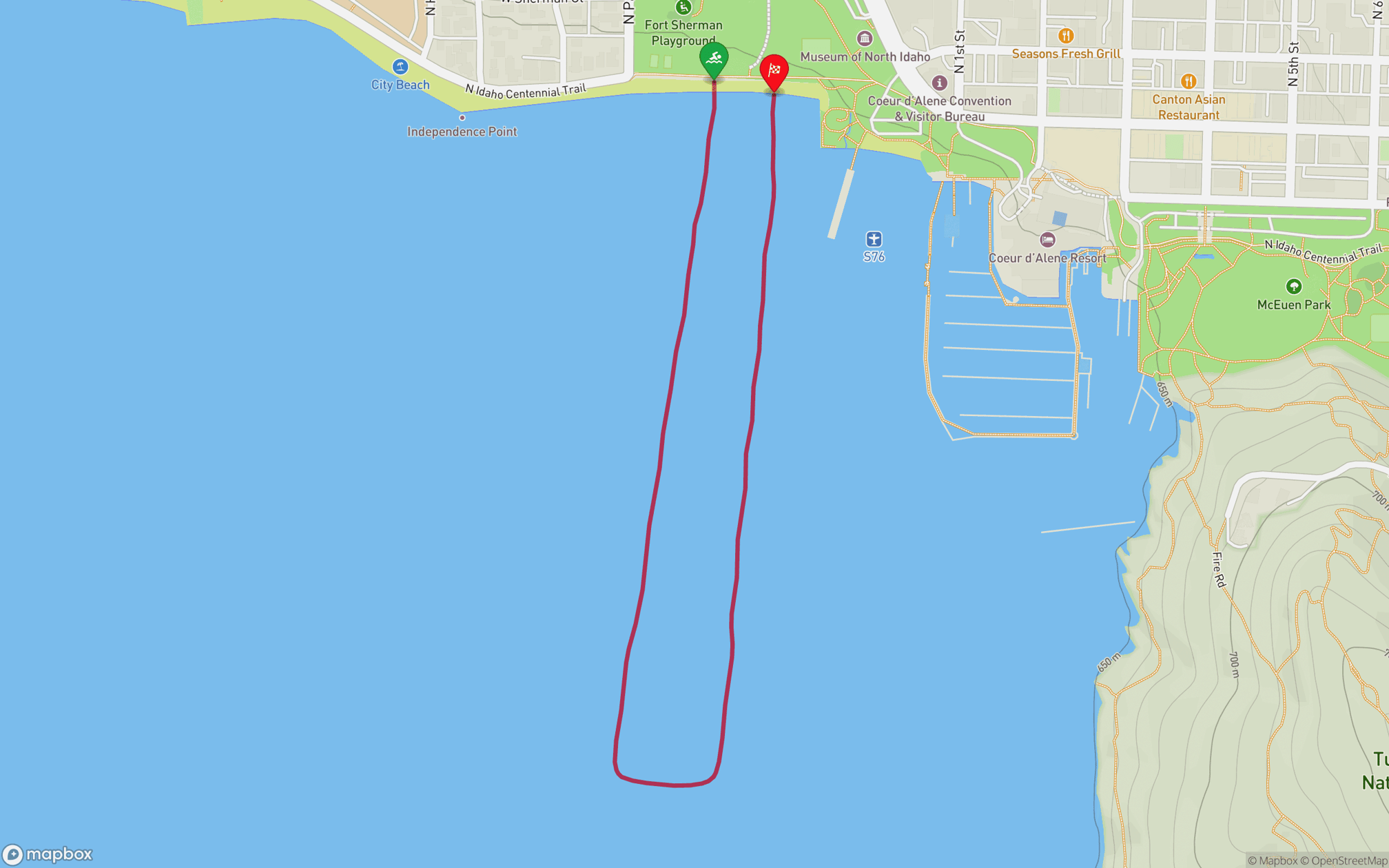 A map showing the swim course of Ironman 70.3 Coeur d'Alene, starting and ending on the north shore of Lake Coeur d'Alene near Coeur d'Alene City Park, extending south into the lake in a rectangular loop.